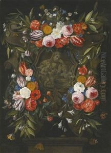 A Garland Of Flowers Around A Stone Cartouche Depicting The Virgin And Child And Saint John by Jan van Kessel the Elder