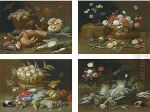 Still Lifes With Fruits And Flowers In Baskets And Glass Vases, Game And Vegetables, With Guinea Pigs (set Of 4) by Jan van Kessel the Elder