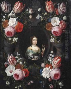 A Stone Cartouche Surrounded By Garlands Of Tulips, Roses, Carnations And Other Flowers With Saint Genevieve