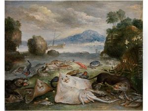 Meerestiere, Fische Und Otter Am Strand Mit Blick Auf Eine Meeresbucht Mit Segelschiff Und Berg In Der Ferne