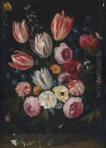 Tulips, Roses, Peonies And Other Flowers In A Roemer by Jan van Kessel the Elder