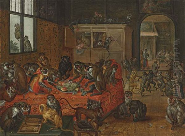 Monkeys Playing Games, Eating And Dancing In An Interior - view 1