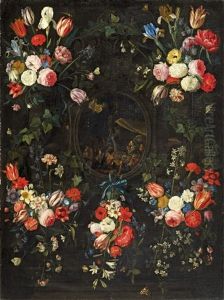 Flower Garlands With The Annunciation To The Shepherds by Jan van Kessel the Elder