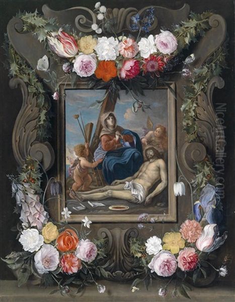 Eine Blumengeschmuckte Kartusche Mit Einer Darstellung Der Beweinung Christi - view 1
