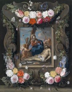Eine Blumengeschmuckte Kartusche Mit Einer Darstellung Der Beweinung Christi Eine Blumengeschmuckte Kartusche Mit Einer Darstellung Der Beweinung Christi