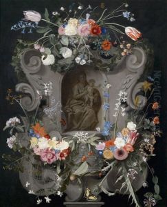 Eine Blumengeschmuckte Kartusche, Darin Ein Relief Mit Der Madonna Und Dem Kind