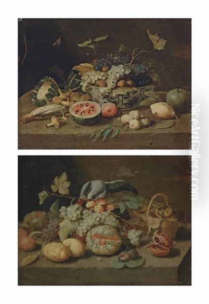 Grapes And Walnuts In A Porcelain Bowl, With An Open Watermelon, Mushrooms And Other Fruit And Vegetables, On A Stone Ledge (+ Grapes, Lemons, A Melon, Figs And Other Fruit, With A Basket Of Mushrooms And A Parrot, On A Stone Ledge; Pair) - view 1