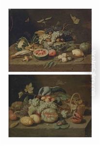 Grapes And Walnuts In A Porcelain Bowl, With An Open Watermelon, Mushrooms And Other Fruit And Vegetables, On A Stone Ledge (+ Grapes, Lemons, A Melon, Figs And Other Fruit, With A Basket Of Mushrooms And A Parrot, On A Stone Ledge; Pair) by Jan van Kessel the Elder