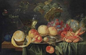 Peaches, Plums, Grapes And A Lemon, With A Crab, A Lobster And A Roemer, On A Partly-draped Table by Jan van Kessel the Elder