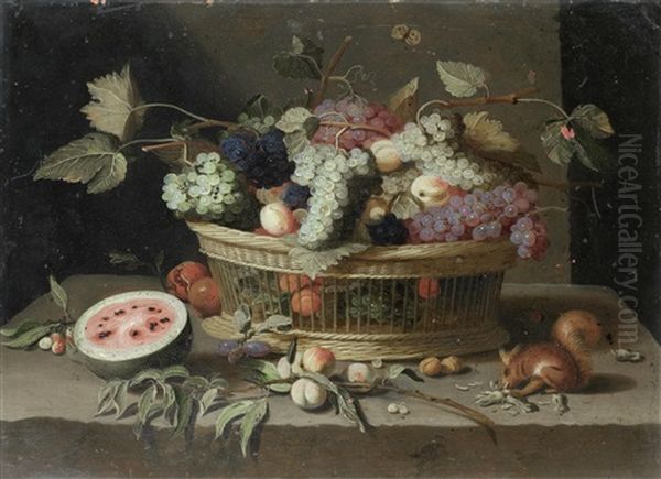 A Basket Of Grapes, Plums And Peaches, With A Melon And A Squirrel Eating Nuts On A Stone Ledge (+ A Wan-li Kraak Bowl Filled With Tulips, Roses, Narcissi And Other Flowers, With A Parrot On A Stone Ledge; Pair) - view 1