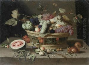 A Basket Of Grapes, Plums And Peaches, With A Melon And A Squirrel Eating Nuts On A Stone Ledge (+ A Wan-li Kraak Bowl Filled With Tulips, Roses, Narcissi And Other Flowers, With A Parrot On A Stone Ledge; Pair) by Jan van Kessel the Elder