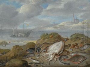 Still Life With Cuttle Fish, Plaice, Cod, Mussels, And Other Fish On A Dune, A Church Across A River Estuary Beyond