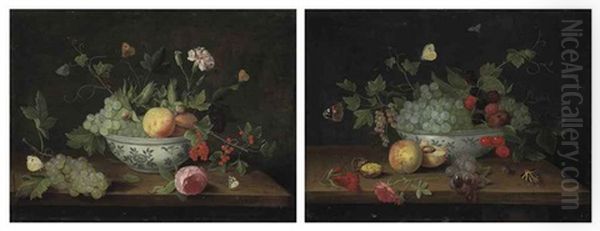 Grapes, Peaches, Cranberries, Flowers And Butterflies, In A Porcelain Bowl On A Wooden Ledge (+ Grapes, Blackberries, Cherries, Butterflies And A...; Pair) - view 1
