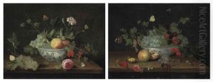 Grapes, Peaches, Cranberries, Flowers And Butterflies, In A Porcelain Bowl On A Wooden Ledge (+ Grapes, Blackberries, Cherries, Butterflies And A...; Pair) by Jan van Kessel the Elder