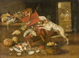 La Lutte Du Chien Et Du Singe Dans Un Garde-manger by Jan van Kessel the Elder