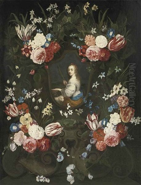 Saint Agnes, In A Sculpted Cartouche, Surrounded By Garlands Of Roses, Tulips, Carnations And Other Flowers - view 1