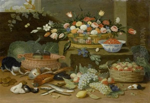 Stilleben Mit Blumenkorb, Fruchten, Fischen, Wildvoglen Und Anderen Kleinen Lebenden Tieren - view 1