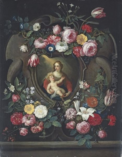 The Virgin And Child, In A Sculpted Cartouche, Surrounded By Garlands Of Roses, Tulips, Carnations, Lillies And Other Flowers - view 1