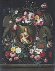 The Virgin And Child, In A Sculpted Cartouche, Surrounded By Garlands Of Roses, Tulips, Carnations, Lillies And Other Flowers
