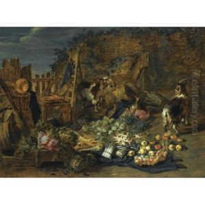 A Still Life Of Cabbages, Carrots, Asparagus, Onions, Pears And Apples Outside A Ruined Barn, Together With Two Goats And Three Rabbits