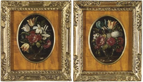 Bouquets De Fleurs Sur Des Entablements En Bois (pair) - view 1