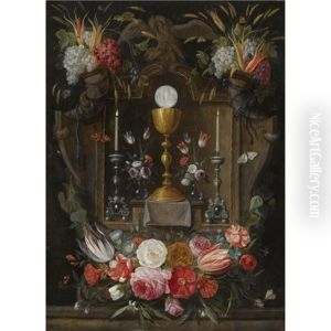 The Eucharist: A Gold Chalice, A Host And Two Silver Candelabras In A Stone Niche, Surrounded With Bunches Of Grapes And Corn The Eucharist: A Gold Chalice, A Host And Two Silver Candelabras In A Stone Niche, Surrounded With Bunches Of Grapes And Corn