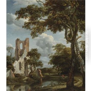 Fishermen On A River Bank Before The Ruins Of The Chapel Of Eyckendynen, Near The Hague by Jan van Kessel the Elder