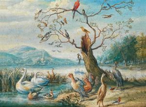 Weite Flusslandschaft Mit Schwanen, Enten Und Exotischen Vogeln