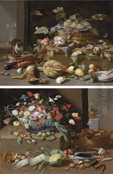 A Basket Of Grapes, (+ A Porcelain Bowl Of Tulips, Roses And Irises; Pair) - view 1