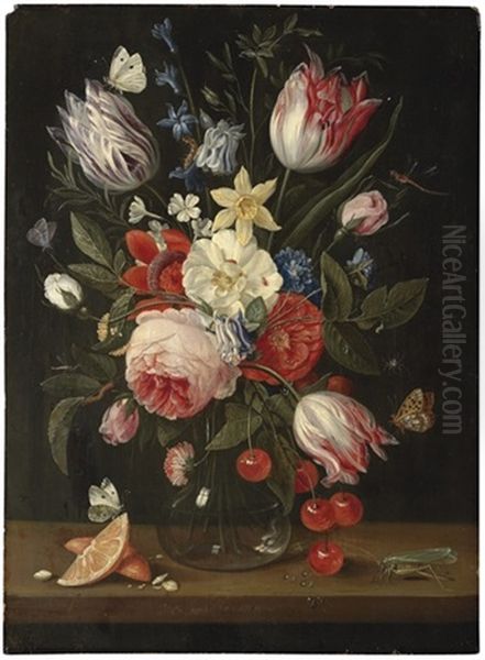 Tulips, Peonies, Cornflowers, Roses And Other Flowers In A Glass Vase - view 1