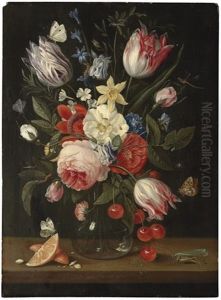 Tulips, Peonies, Cornflowers, Roses And Other Flowers In A Glass Vase by Jan van Kessel the Elder