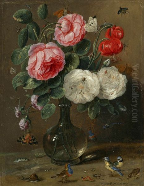 Still Life Of Roses In A Glass Vase With Numerous Insects, Including Butterflies, A Ladybird, A Bee And A Dragon Fly, Together With Further Insects And Small Songbirds, Including Two Bluetits - view 1