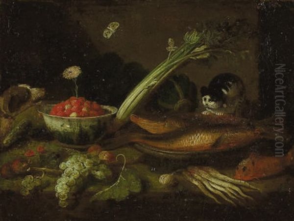 Kitchen Scene With Fish, Vegetables, Fruit And Animals - view 1