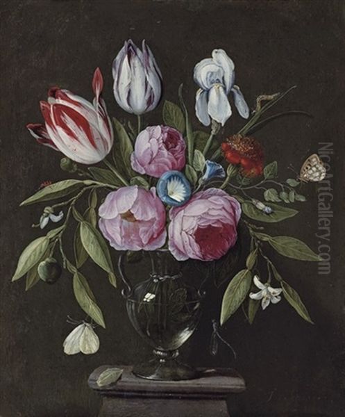 Roses, Tulips, An Iris And Other Flowers, In A Glass Vase On A Stone Plinth, With Butterflies And Other Insects - view 1