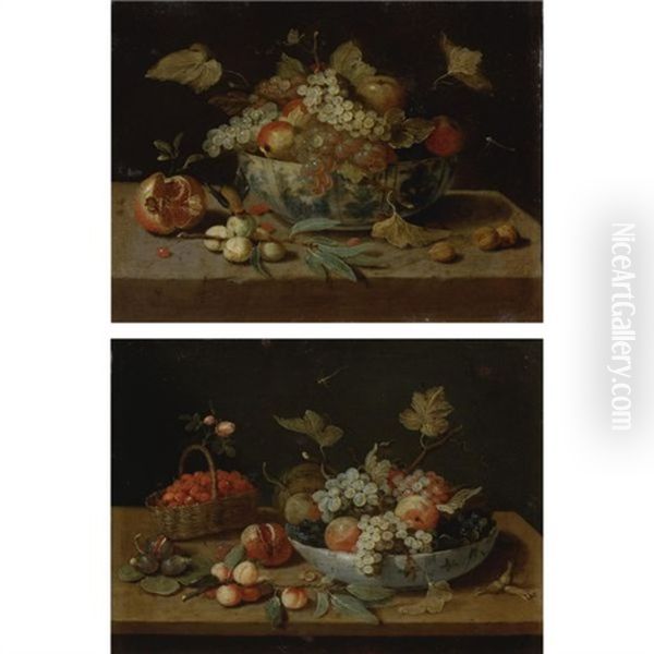 Still Life Of A Bowl Of Fruit, A Basket Of Strawberries, Figs, A Pomegranate And Peaches On A Ledge (+ Still Life Of A Bowl Of Fruit, A Pomegranate, Plums And Walnuts On A Ledge; Pair) - view 1