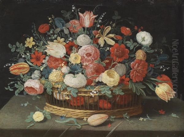 Roses, Tulips, Irises And Other Flowers In A Basket On A Draped Table - view 1