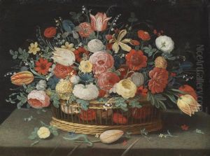 Roses, Tulips, Irises And Other Flowers In A Basket On A Draped Table by Jan van Kessel the Elder