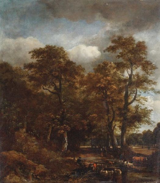 A Wooded Landscape With Cattle Crossing A Stream - view 1
