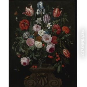 Still Life Of Tulips, Roses, A Whitish Iris, Cherries, Peas And Other Flowers In A Roemer Surrounded By Numerous Insects On A Carved Stone Plinth