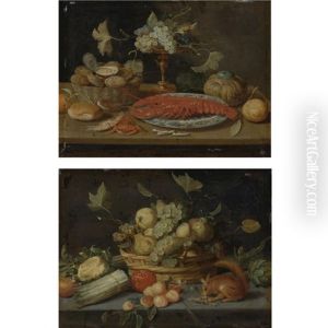 Still Life With Lobster (+ Still Life With Squirrel; Pair) by Jan van Kessel the Elder
