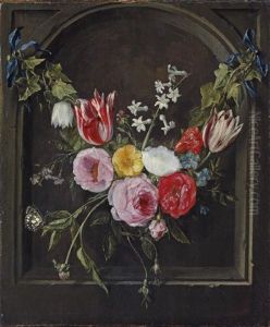 A Swag Of Flowers Hanging In A Niche by Jan van Kessel the Elder