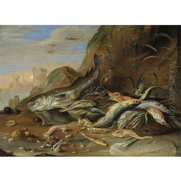 A Seashore With A Still Life Of Fish, Crustaceans And Other Sea Creatures - view 1