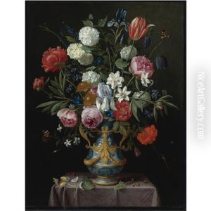 Still Life Of Irises, Peonies, Narcissi, A Tulip And Other Flowers In A Blue-and-white Porcelain Vase With Ormolu Mounts On A Draped Pedestal by Jan van Kessel the Elder
