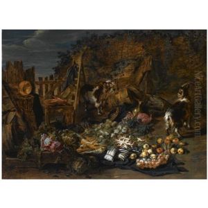A Still Life Of Cabbages, Carrots, Asparagus, Onions, Pears And Apples Outside A Ruined Barn, Together With Two Goats And Three Rabbits A Still Life Of Cabbages, Carrots, Asparagus, Onions, Pears And Apples Outside A Ruined Barn, Together With Two Goats And Three Rabbits