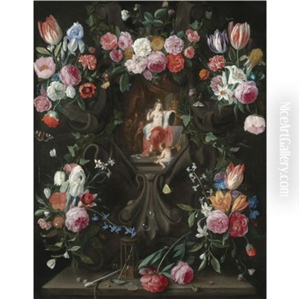 A Garland Of Flowers, Including Irises, Parrot Tulips And Roses, Surrounding A Stone Niche Inset With A Vanitas Scene - view 1