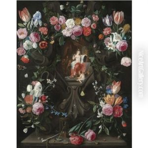 A Garland Of Flowers, Including Irises, Parrot Tulips And Roses, Surrounding A Stone Niche Inset With A Vanitas Scene by Jan van Kessel the Elder