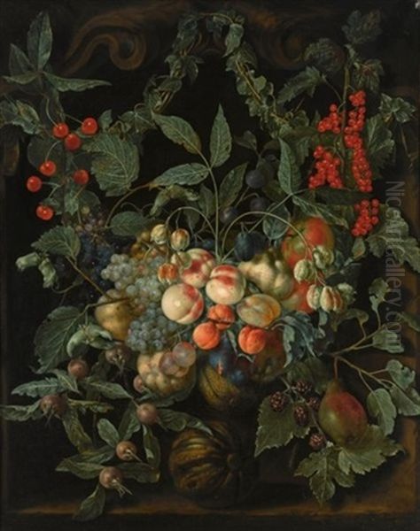 A Still Life With A Garland Of Peaches, Pears, Melons, Plums, Apricots, Grapes, Apples, Berries And Cherries, Together With Ivy And Gooseberries, All In A Stone Niche - view 1