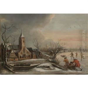 A Winter Scene With Figures Skating A Church In The Distance by Jan van Kessel the Elder
