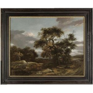 A Wooded Landscape With Travellers On A Winding Road