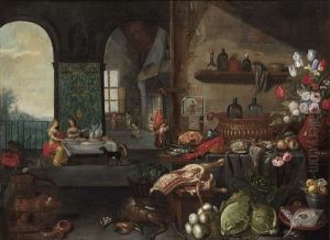 A Kitchen Still Life With A Ham And Herring On Silver Plates